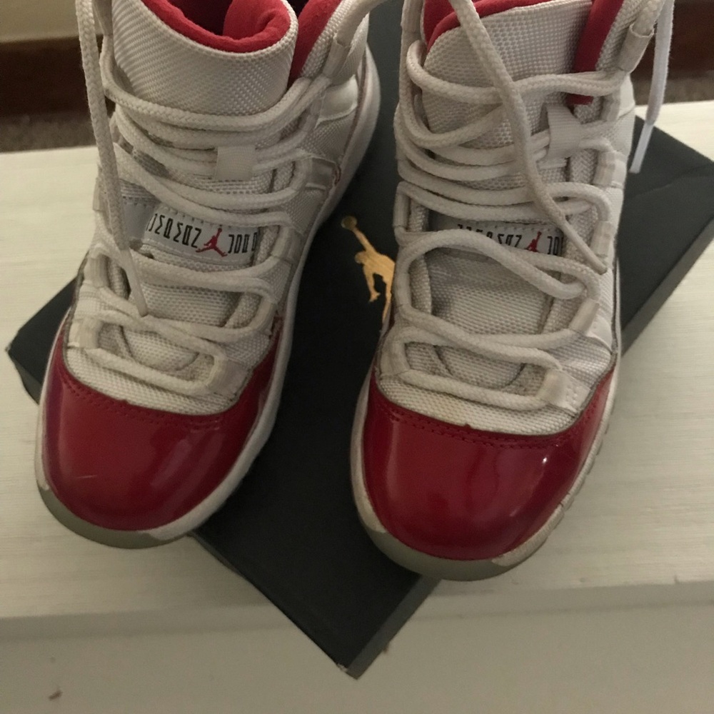 Youth jordan 11 Cherry Red and White Sneakers